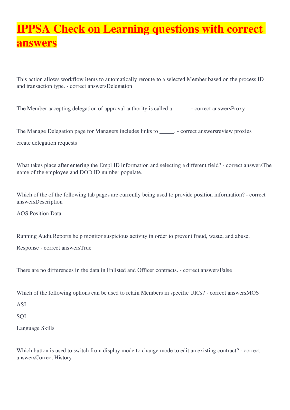 Preview image for IPPSA Check on Learning questions with correct answers